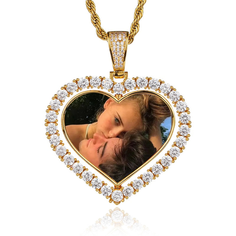 D&amp;Z Custom Made Photo Rotating Heart Shape Double-sided Pendant Necklace 4mm Tennis Chain Zircon Men&