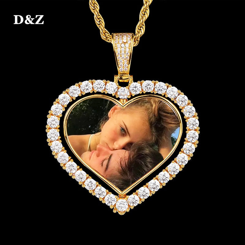 D&amp;Z Custom Made Photo Rotating Heart Shape Double-sided Pendant Necklace 4mm Tennis Chain Zircon Men&