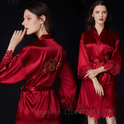 Summer Lace Sleepwear Bride&amp;Bridemaid Wedding Robe Gown Solid Embroidery Kimono Bathrobe Women Casual Home Night Dress M L Xl